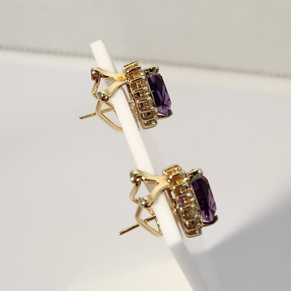 Vtg 80's 4.69g 14K Gold Natural Amethyst & Diamond Omega Back Earrings - Picture 10 of 15